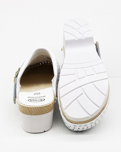 Scholl Clog Supercomfort F20176 białe chodaki (drewno bukowe + guma) szerokie, tęgość H