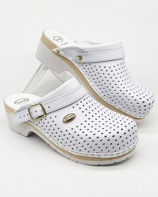 Scholl Clog Supercomfort F20176 białe chodaki (drewno bukowe + guma) szerokie, tęgość H