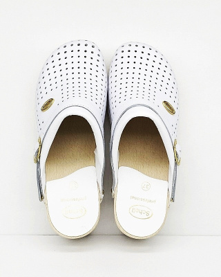 Scholl Clog Supercomfort F20176 białe chodaki (drewno bukowe + guma) szerokie, tęgość H