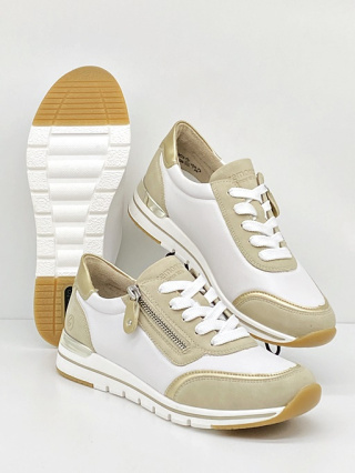 Beżowe damskie sneakersy Remonte R6709-80, boczny zamek, regulowana tegość G -H
