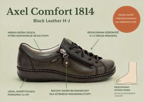1814 Axel Comfort buty damskie czarne, skórzane, regulowana tęgość H-J, boczny zamek